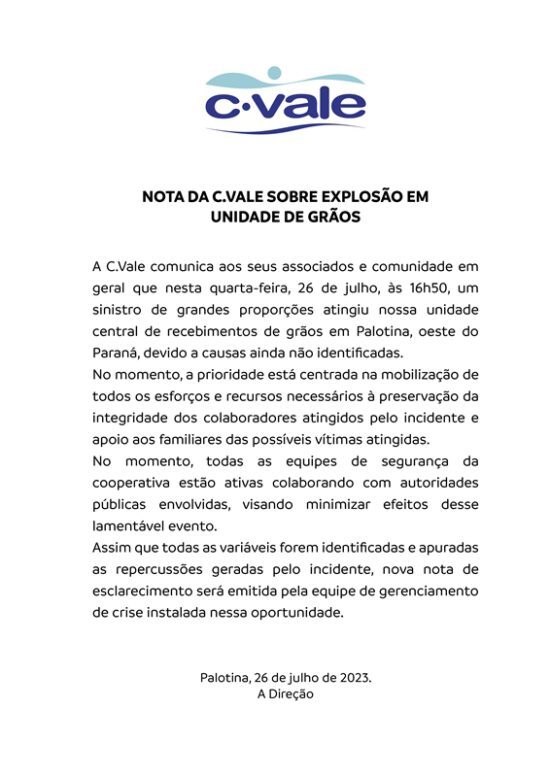 Palotina – C.Vale emite nota sobre o acidente na tarde de hoje (26)