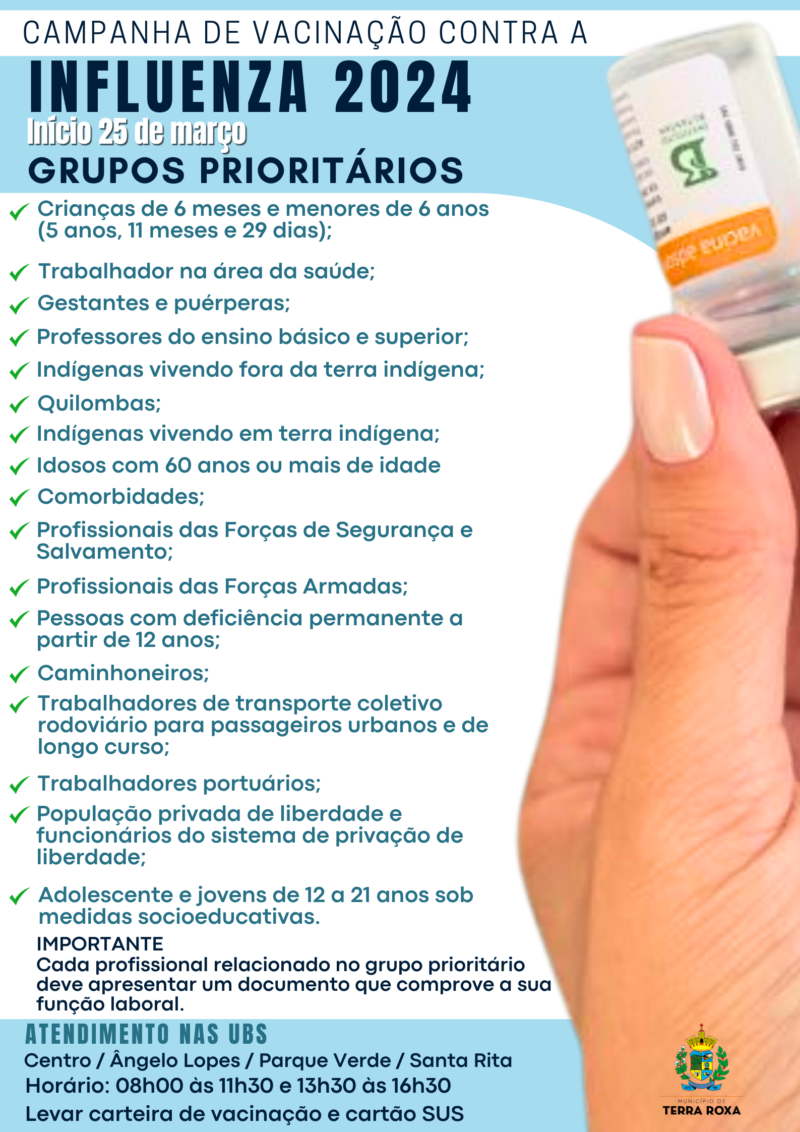 Terra Roxa – Nesta segunda-feira, 25 de março inicia a Campanha de Vacinação contra a Influenza 2024.