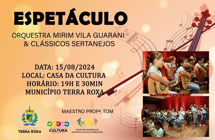 Terra Roxa – Orquestra Mirim Vila Guarani e Clássicos Sertanejos se apresenta hoje (15) na Casa da Cultura